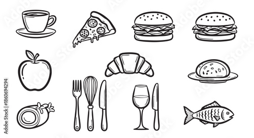 Breakfast and lunch food items in cute line art collection