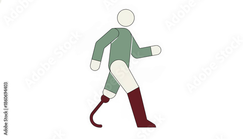 Person walking with a prosthetic leg. Minimalist flat design vector illustration. Accessibility and disability inclusion concept. Isolated on white background