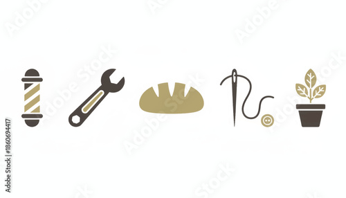 Local micro business and craft profession icon set. Modern minimalist flat design vector illustration. Symbols for barber, bakery, repair, sewing, and gardening isolated on white background