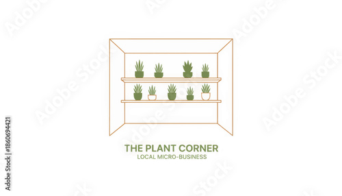 The plant corner local micro-business. Minimalist vector illustration of potted plants on shelves. Modern line art design for small business branding and plant shop logo