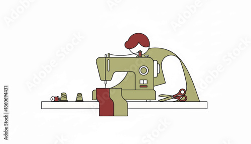Person using a sewing machine for tailoring. Minimalist flat design vector illustration of a seamstress at work. Craft and handmade fashion concept isolated on white