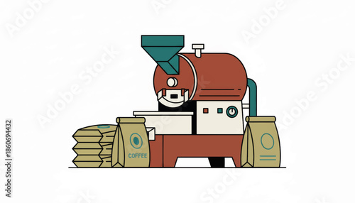 Coffee roasting machine and bags. Flat design minimalist vector illustration. Industrial coffee production equipment isolated on white background