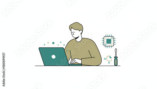 Person fixing laptop and computer hardware. IT support and technical maintenance concept. Minimalist flat design vector illustration