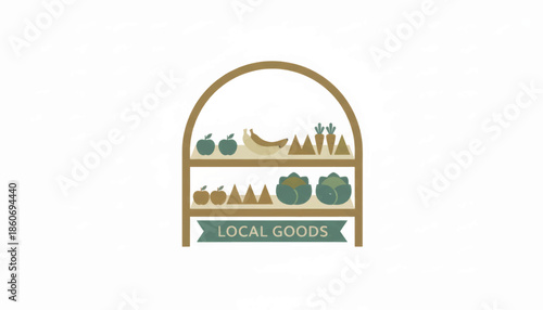 Local goods display shelf with organic produce. Minimalist flat design vector illustration of a farmers market stand. Isolated graphic element for small business branding