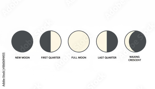 Moon phases infographic icon set. Flat design vector illustration of lunar cycle. Astronomy and science educational diagram. Minimalist celestial symbols isolated on white background