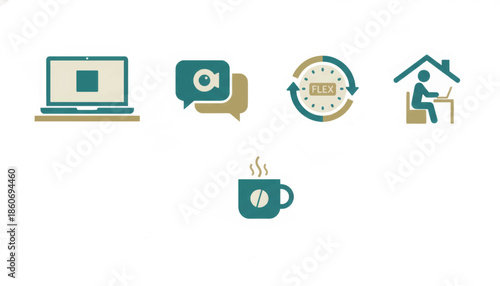 Remote work and flexible working icon set. Minimalist flat design vector illustration. Home office and video conferencing symbols isolated on white background