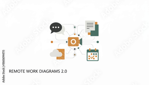 Remote work and digital collaboration diagram. Flat design vector illustration of video conferencing and online tools. Business communication and productivity concept isolated on white