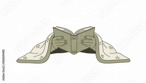 Minimalist self care ritual vector illustration. Person reading a book under a cozy blanket. Flat design graphic isolated on white background