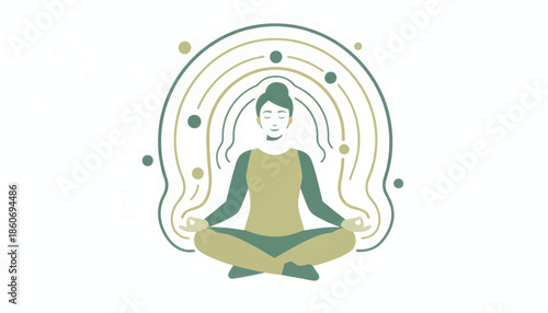 Meditation and mindfulness vector illustration. Minimalist flat design of a person in lotus position. Self-care and wellness concept with aura energy lines. Isolated on white background