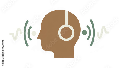 Minimalist vector illustration of a stylized head wearing headphones. Flat design icon for listening, podcast, and sound therapy. Audio and wellness concept isolated on white background