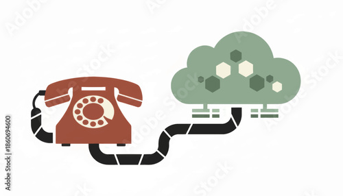 Vintage rotary phone connected to a cloud. Flat design vector illustration of legacy technology and cloud computing concept. Minimalist graphic isolated on white background