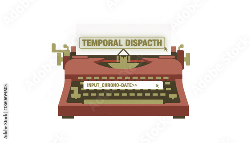 Retro-futuristic typewriter vector illustration. Temporal dispatch and time travel concept. Flat design vintage machine isolated on white background