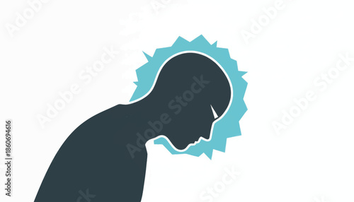 Silhouette of a person's head with a blue aura. Concentration, stress, and headache concept. Minimalist flat design vector illustration isolated on white background