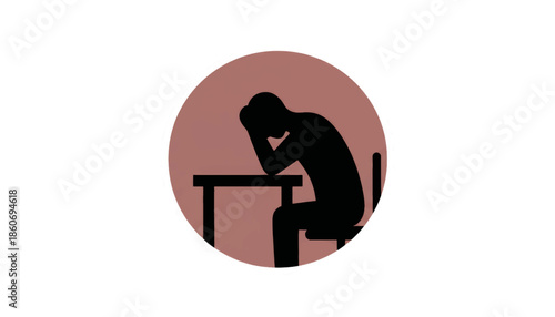 A stressed person sitting at a desk with head in hands. Depression, burnout, and anxiety concept icon. Minimalist silhouette vector illustration