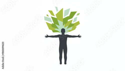 A conceptual illustration of inspiration and personal growth. Human silhouette with an abstract explosion of ideas from the head. Minimalist flat vector graphic