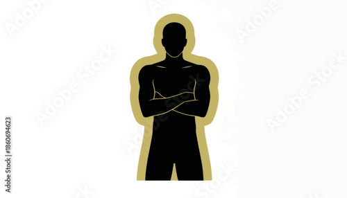 Muscular man silhouette with arms crossed. Confident male figure with golden aura. Flat vector illustration for fitness and security. Isolated on white background