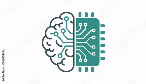 Artificial intelligence icon with a brain and computer chip. Machine learning and technology integration concept. Minimalist flat design vector illustration