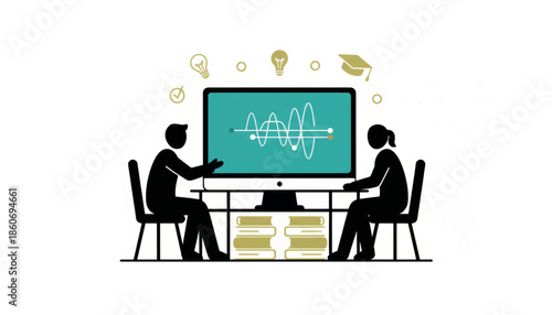 Vector illustration of online education and data analysis. A tutor consulting a student with a computer graph. Minimalist flat design concept