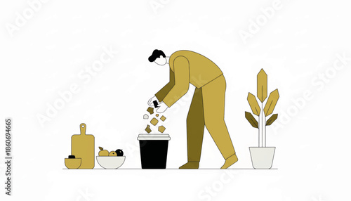 A person composting kitchen scraps at home. Urban eco habits and zero waste lifestyle concept. Minimalist flat design vector illustration