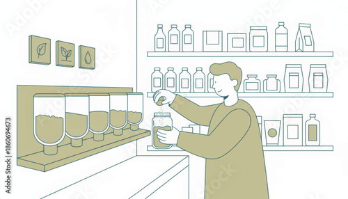 Person filling reusable container at zero waste refill station. Sustainable shopping and eco-friendly lifestyle concept. Flat design vector illustration