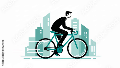 Man riding a bicycle in the city. Flat design vector illustration of urban eco-friendly commuting. Minimalist graphic of a cyclist with city skyline background