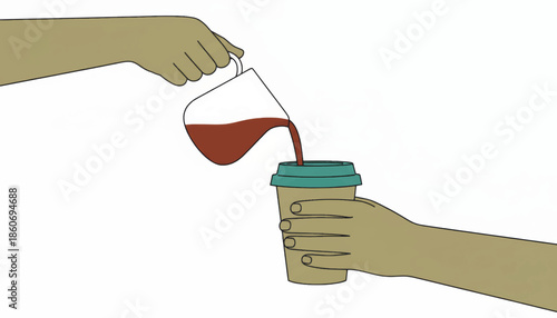 Hand pouring coffee into a reusable cup. Eco-friendly habits and sustainable lifestyle concept. Simple vector illustration