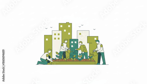 Urban gardening and community teamwork concept. Flat vector illustration of people planting in a city garden. Sustainability and eco-friendly lifestyle design.