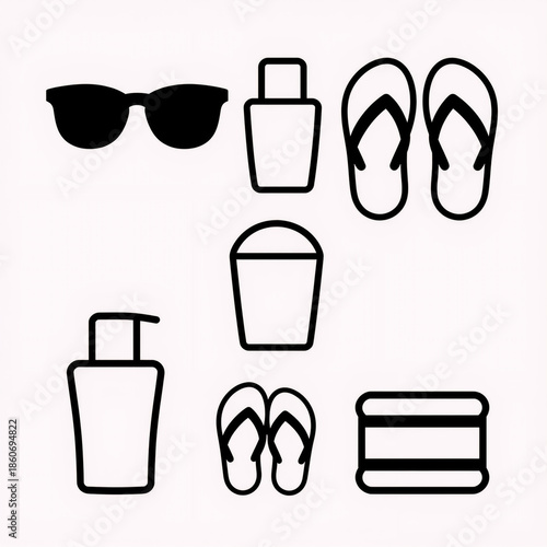 Simplified linear illustrations featuring summery beach essentials icons