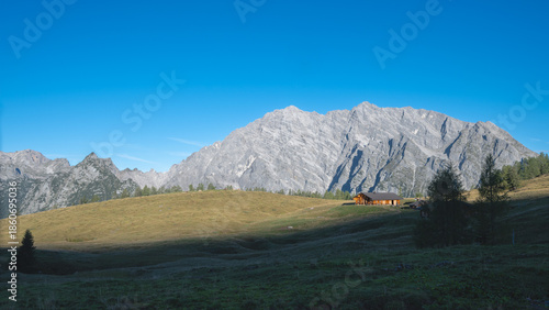morning at Gotzenalm mountain hut with Mt. Watzmann, Berchtesgaden national park, Bavaria, Germany
