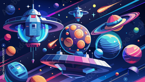 Very beautiful vector illustration of futuristic space technology devices floating in orbit, clean geometric shapes and advanced sci fi design language.