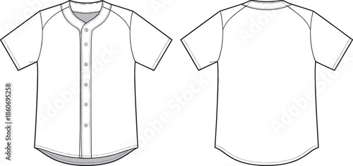 Baseball jersey technical flat vector illustration, front and back view, short sleeve button placket, sportswear apparel CAD drawing