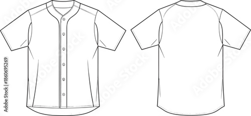 Baseball jersey technical flat vector illustration, front and back view, short sleeve raglan style, sportswear apparel CAD drawing