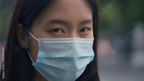 Woman wearing a medical mask outdoors on a blurred urban background