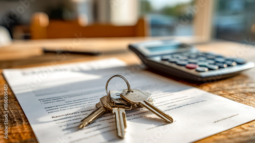 Wallpaper Mural Close up of keys lying on a contract. Calculator and pen are also displayed, making it a home buying or business setting. Torontodigital.ca