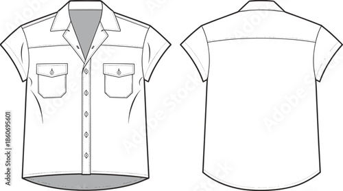 Men's short sleeve button up shirt technical fashion flat, front back view apparel design outline vector template illustration cad drawing