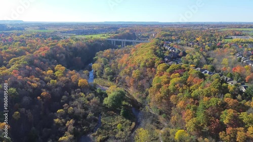 4K top-down cinematic drone shot flying above forest and farmland alongside forest path road carved through colorful maple trees of autumn, with city downtown skyline in view, Ontario Canada
