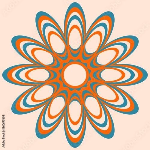  Retro psychedelic mandala flower with vintage 1970s style geometric pattern. Perfect for groovy bohemian and hippie designs.