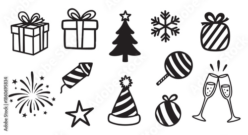 Festive New Year or Birthday Celebration Icons in Black and White