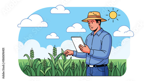 Modern vector illustration of farmer using tablet to inspect crops, smart agriculture and digital farming technology concept