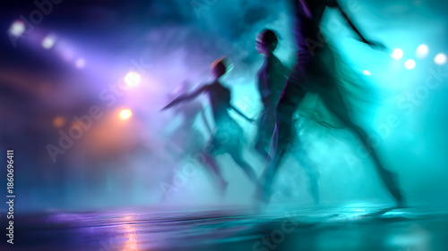 A group of dancers performing on a stage filled with fog and lights, captured in a blur of motion and vibrant colors. 