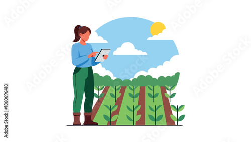 Modern vector illustration of farmer using tablet to inspect crops, smart agriculture and digital farming technology concept