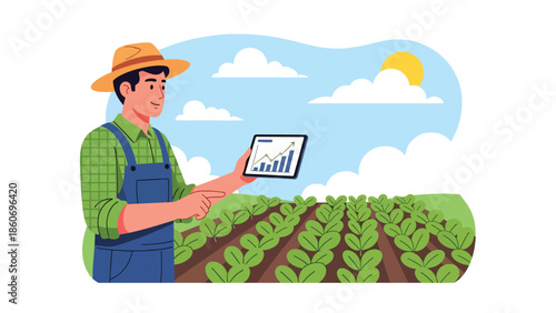Modern vector illustration of farmer using tablet to inspect crops, smart agriculture and digital farming technology concept