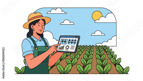 Modern vector illustration of farmer using tablet to inspect crops, smart agriculture and digital farming technology concept