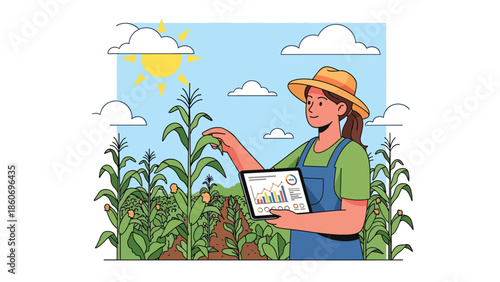 Modern vector illustration of farmer using tablet to inspect crops, smart agriculture and digital farming technology concept