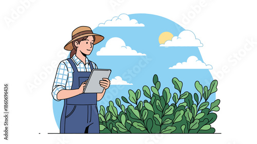 Modern vector illustration of farmer using tablet to inspect crops, smart agriculture and digital farming technology concept