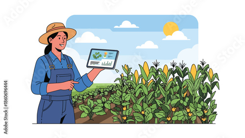 Modern vector illustration of farmer using tablet to inspect crops, smart agriculture and digital farming technology concept