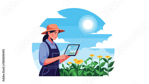 Modern vector illustration of farmer using tablet to inspect crops, smart agriculture and digital farming technology concept
