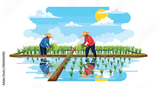 Modern vector illustration of rice plantation with farmers working in paddies, traditional agriculture and staple food production concept