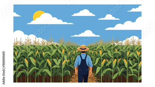 Modern vector illustration of corn plantation with tall crops and farmer walking between rows, rural farming and agriculture concept
