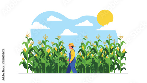 Modern vector illustration of corn plantation with tall crops and farmer walking between rows, rural farming and agriculture concept